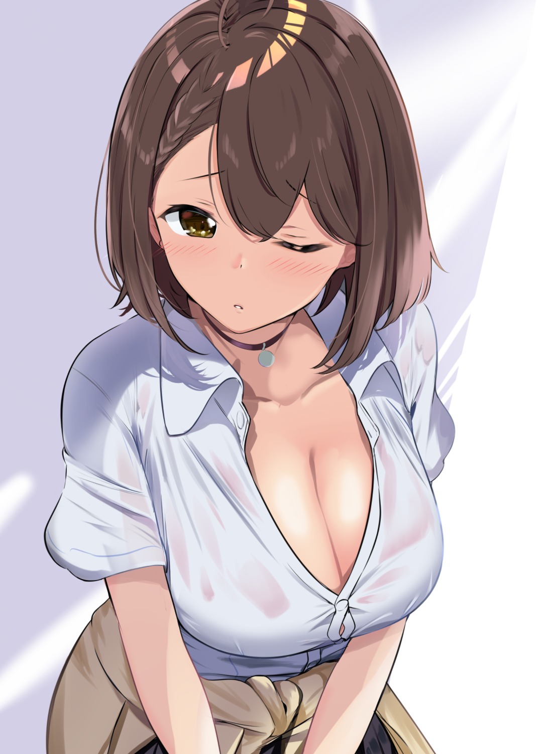 azur_lane baltimore_(azur_lane) cleavage macchazuki no_bra open_shirt see_through seifuku sweater wet_clothes