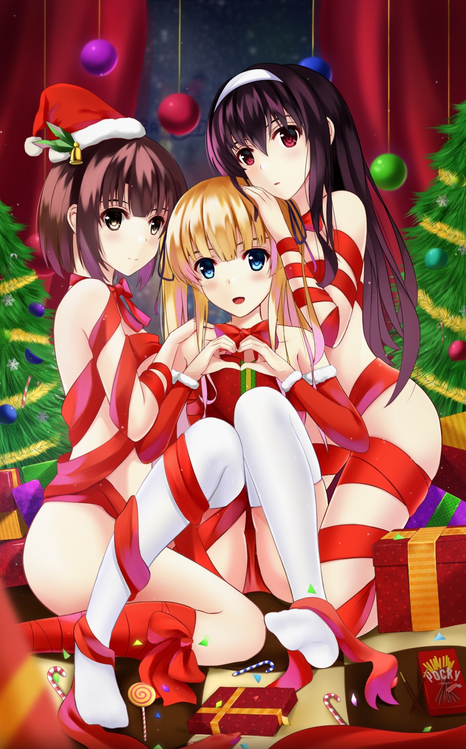 christmas feet kasumigaoka_utaha katou_megumi naked_ribbon rko_(a470350510) saenai_heroine_no_sodatekata sawamura_spencer_eriri thighhighs