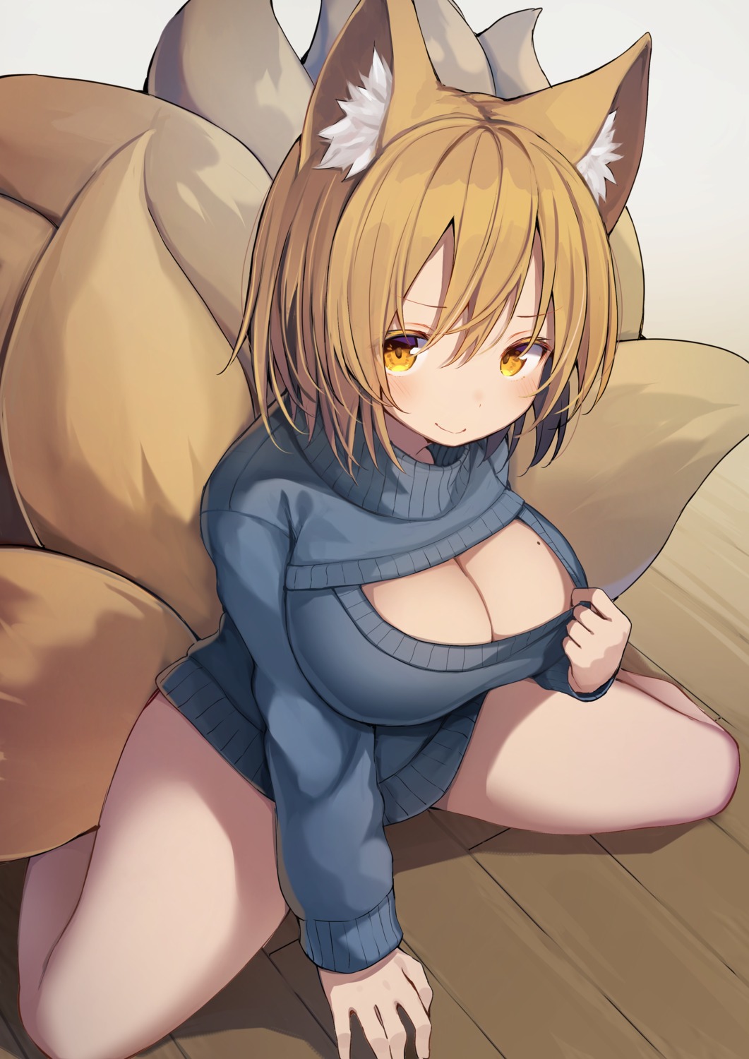 animal_ears cleavage kitsune mamemochi sweater tail touhou yakumo_ran