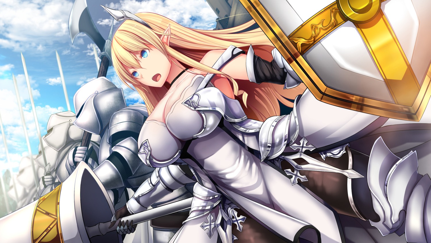 armor cleavage daiaru pantyhose pointy_ears sword wallpaper weapon