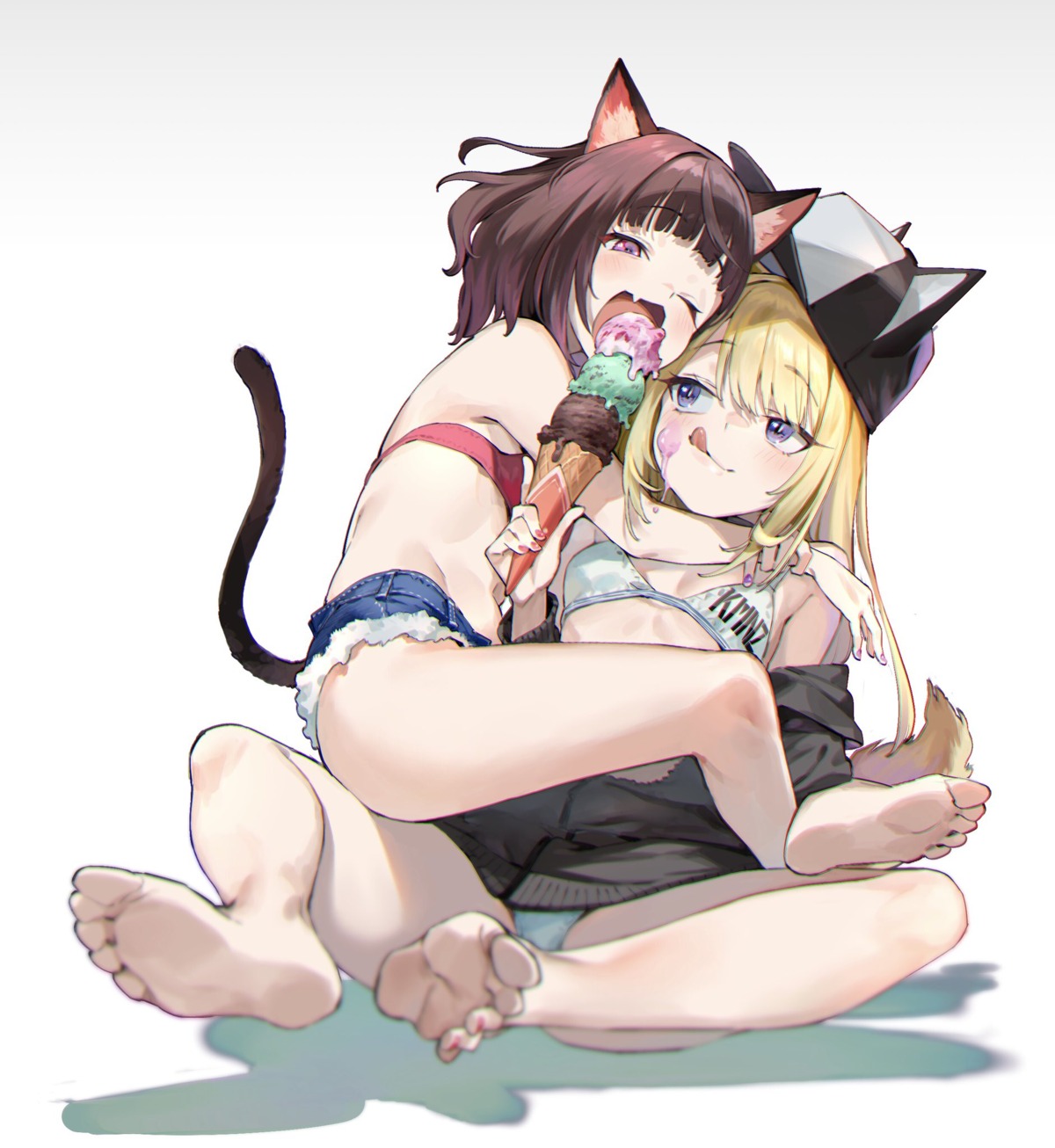 animal_ears bra cream feet nekomimi nonco open_shirt pantsu tail