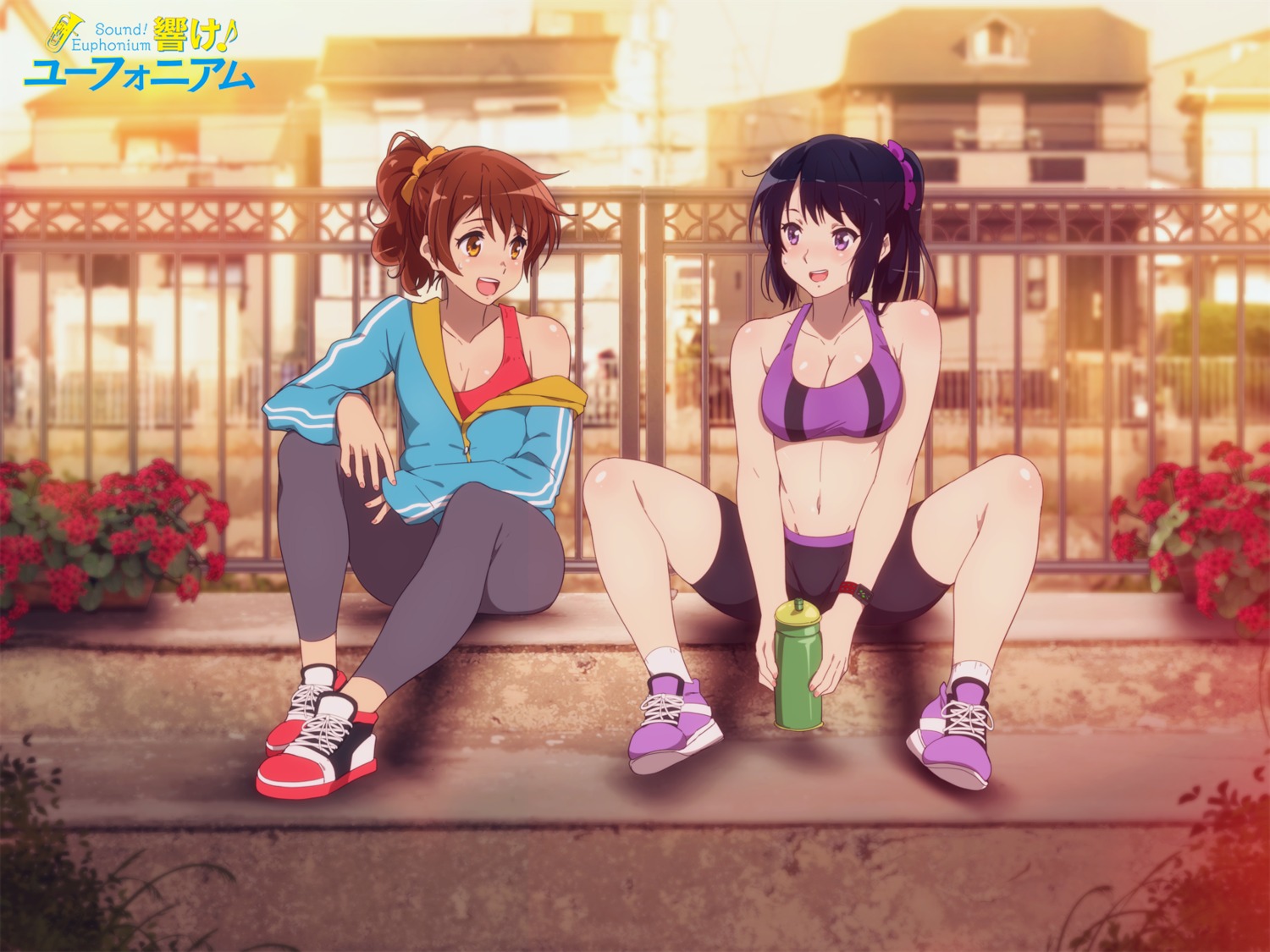 bike_shorts bra cleavage gym_uniform hibike!_euphonium kousaka_reina open_shirt oumae_kumiko sbel02