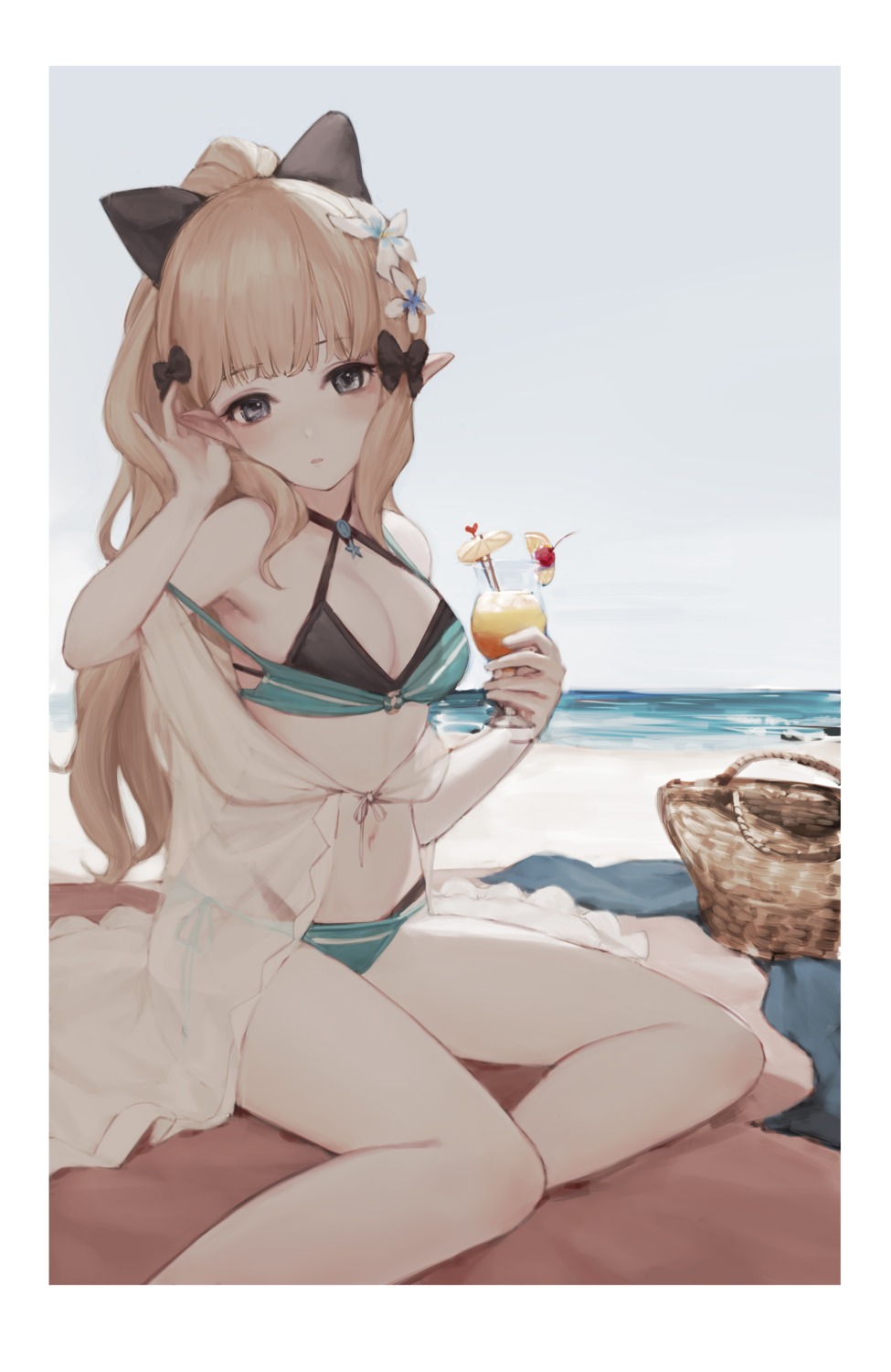 anouetto bikini cleavage open_shirt pointy_ears princess_connect princess_connect!_re:dive sasaki_saren see_through swimsuits