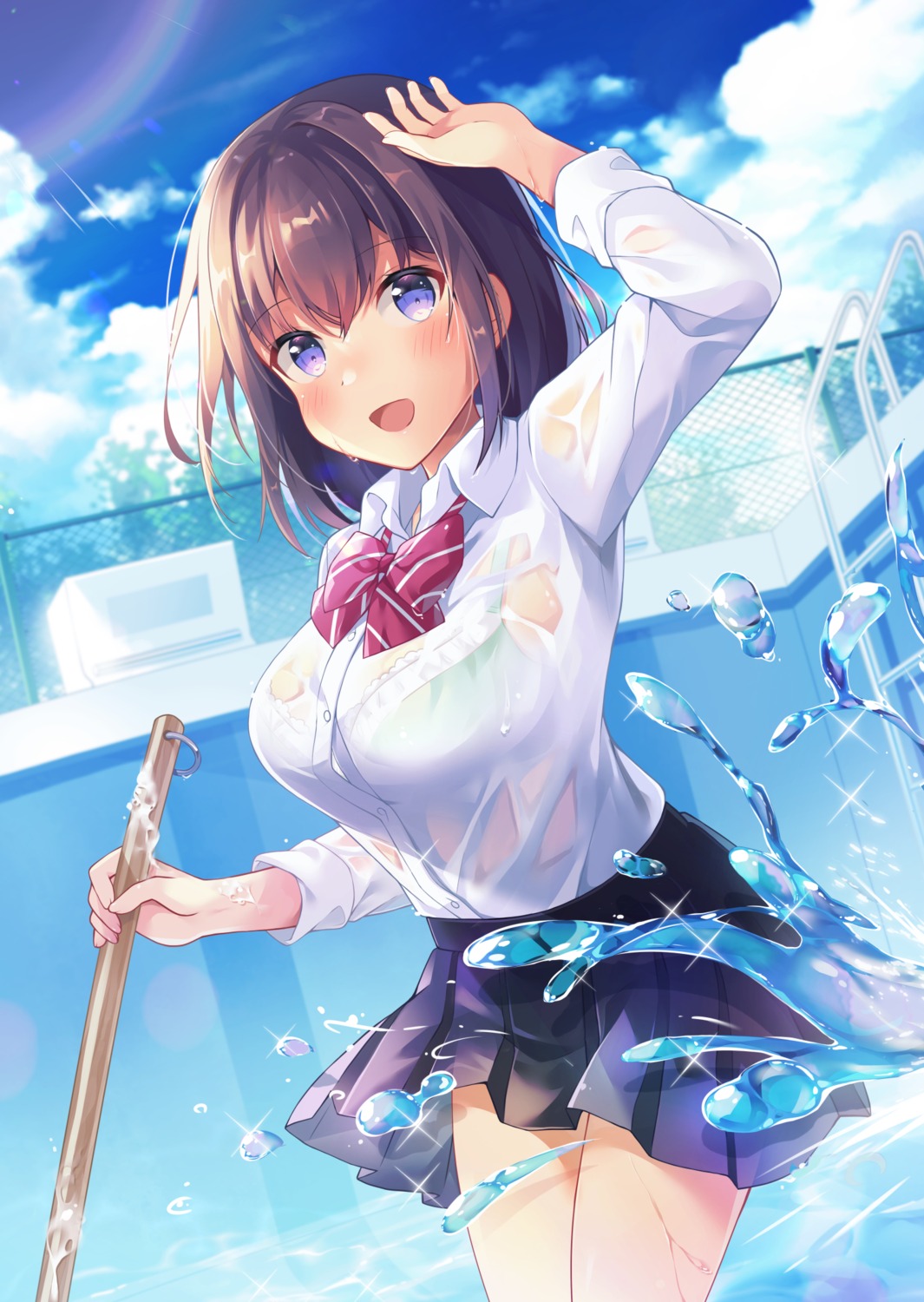 bra see_through seifuku shiro_kuma_shake skirt_lift wet wet_clothes