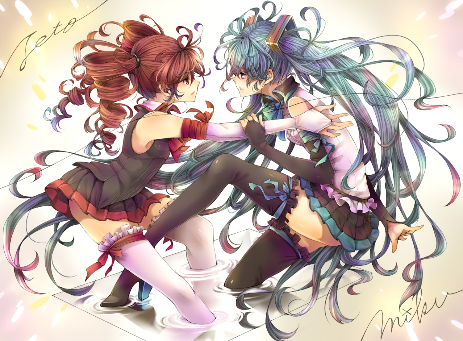 crossover garter hatsune_miku kasane_teto rojiko thighhighs utau vocaloid