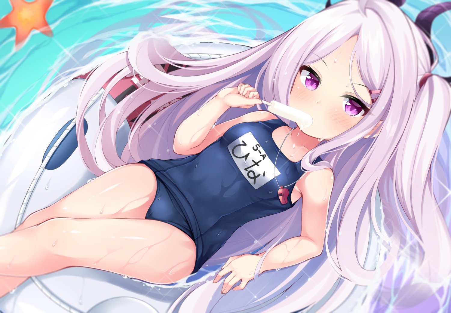 blue_archive cameltoe horns loli maccha school_swimsuit sorasaki_hina swimsuits wet