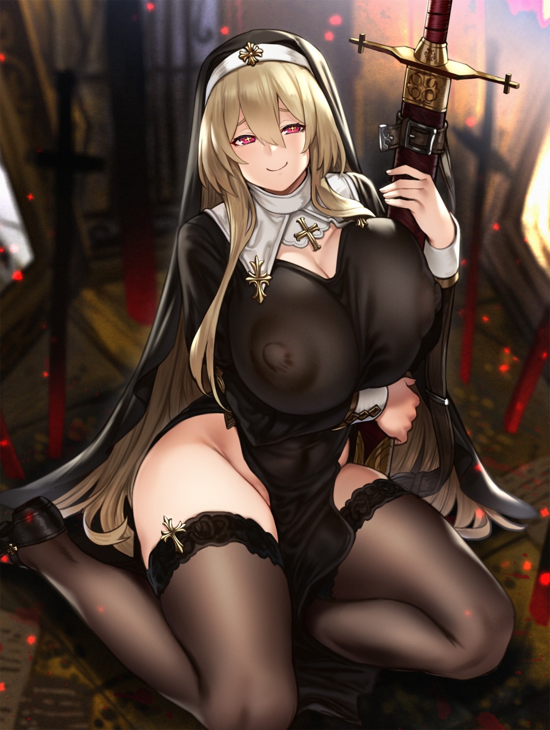 breast_hold houtengeki nipples no_bra nun see_through sword thighhighs