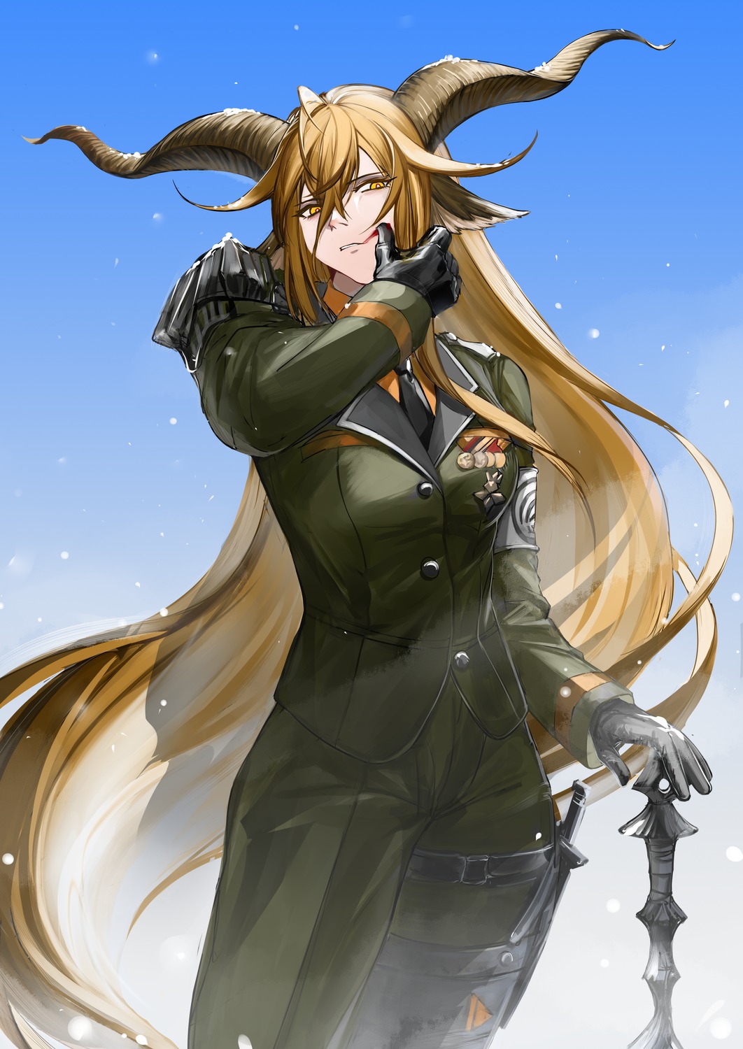 animal_ears arknights degenbrecher_(arknights) garter horns qiediguo uniform weapon