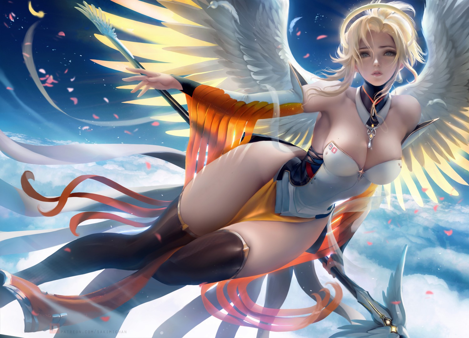 angel cleavage corset mercy_(overwatch) overwatch sakimichan thighhighs weapon wings