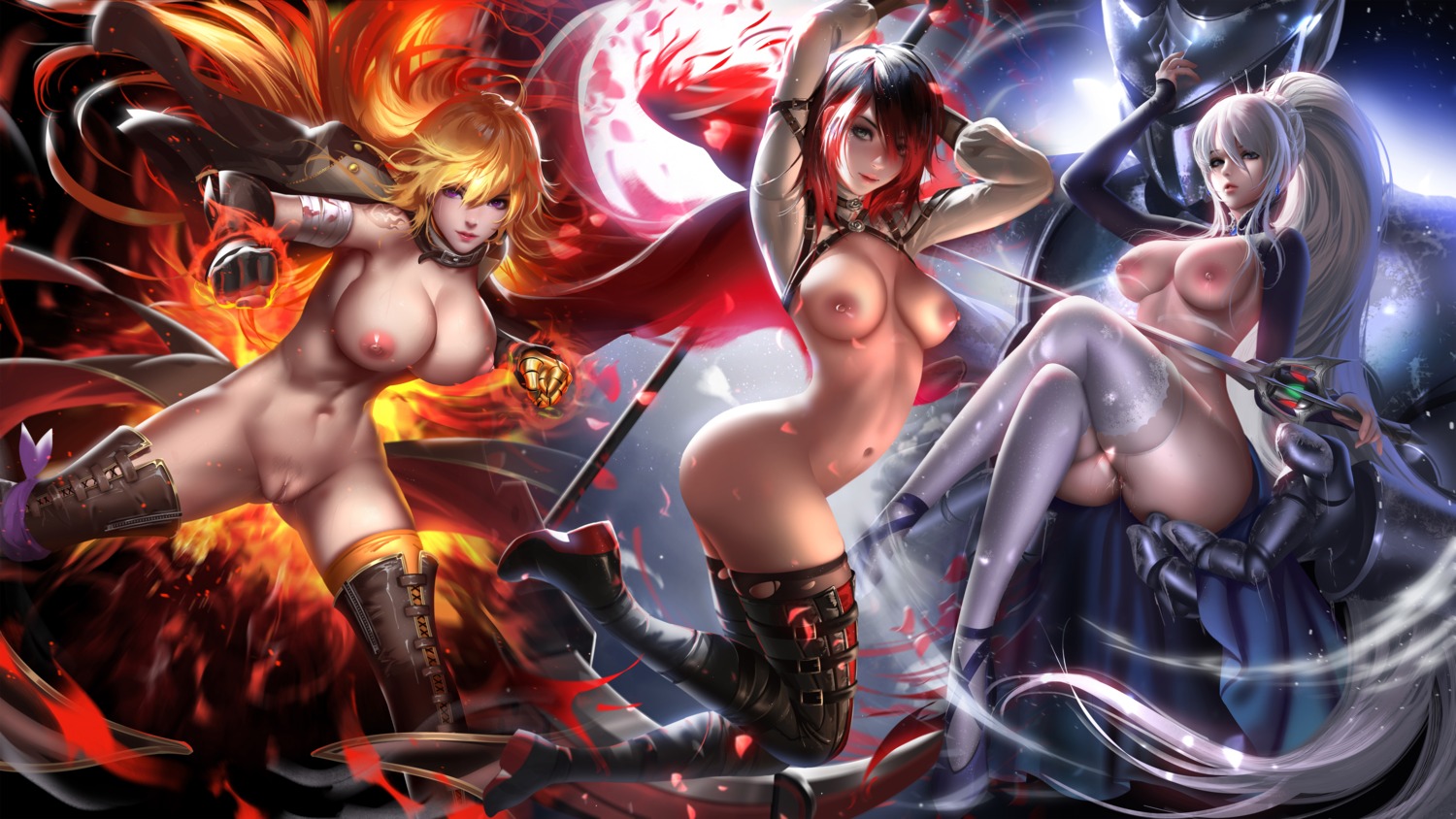 ass bandages bottomless breasts garter liang_xing mecha_musume nipples no_bra pussy ruby_rose rwby sword thighhighs uncensored weapon weiss_schnee yang_xiao_long