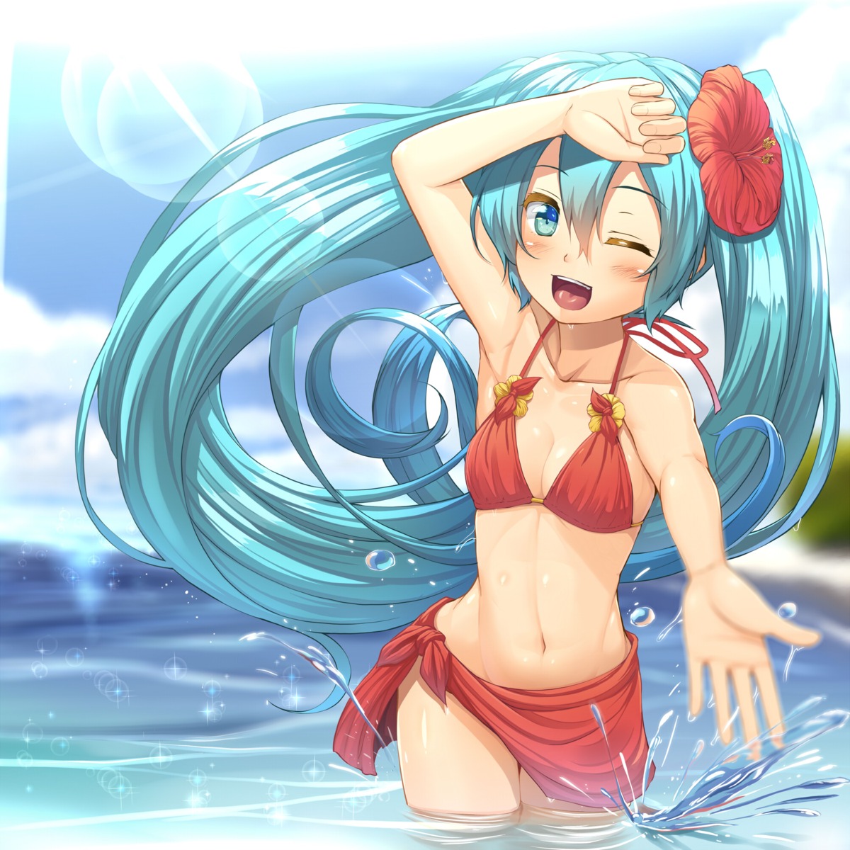 bikini cleavage hatsune_miku kitsunerider swimsuits vocaloid wet