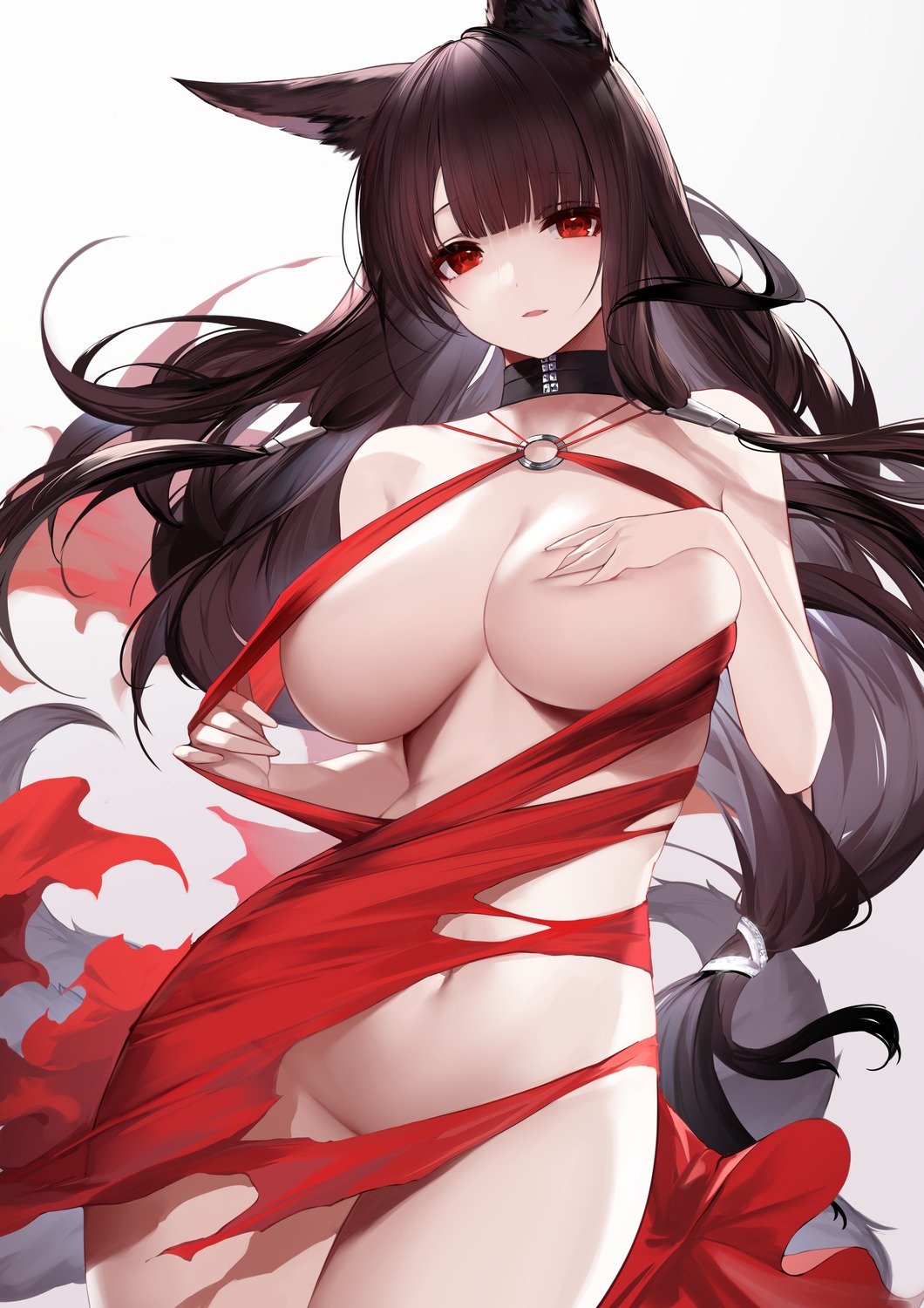 akagi_(azur_lane) an_yasuri animal_ears azur_lane breast_hold breasts kitsune no_bra nopan tail torn_clothes undressing