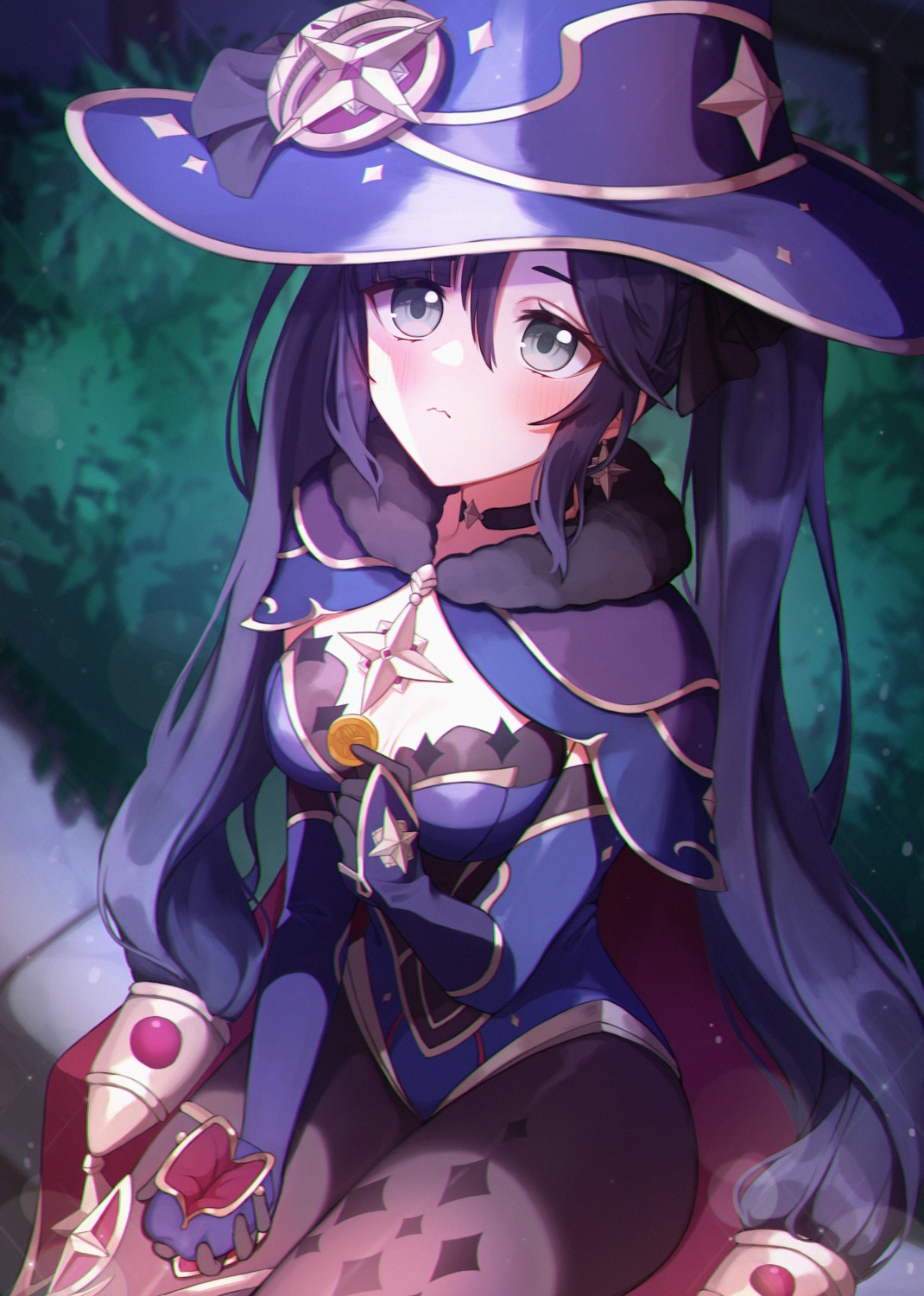 cleavage genshin_impact gya_(144) mona_megistus no_bra pantyhose witch