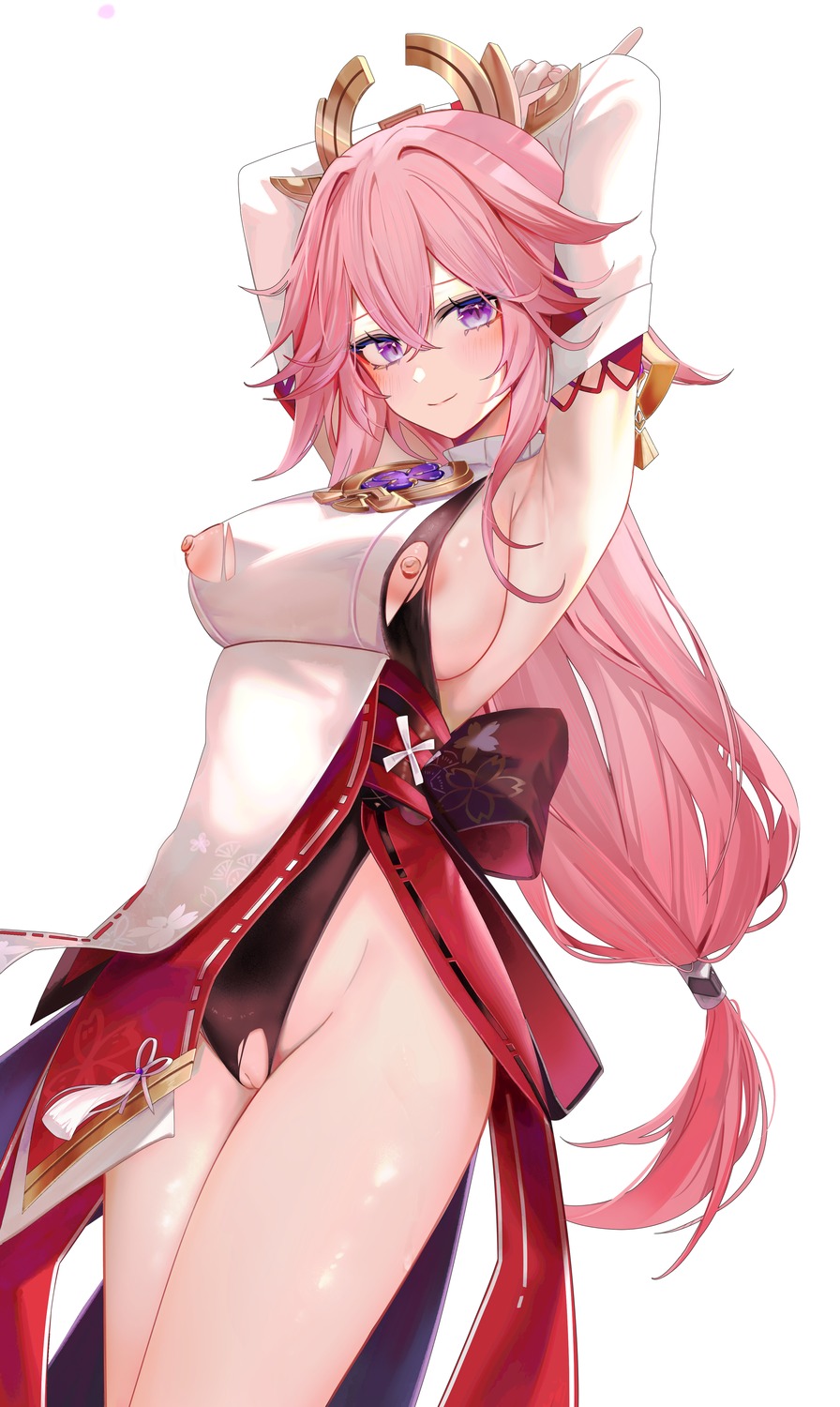 animal_ears genshin_impact japanese_clothes kitsune leotard nipples no_bra nopan pussy ru_zhai torn_clothes yae_miko