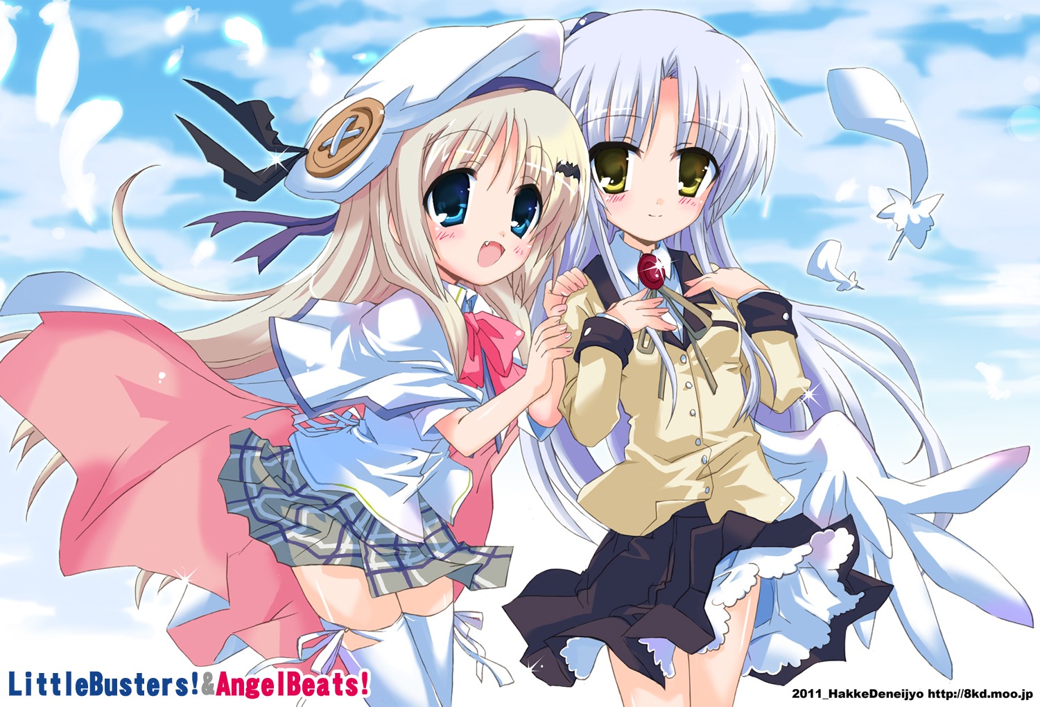 angel_beats! crossover hizuki_yayoi little_busters! noumi_kudryavka seifuku tachibana_kanade thighhighs