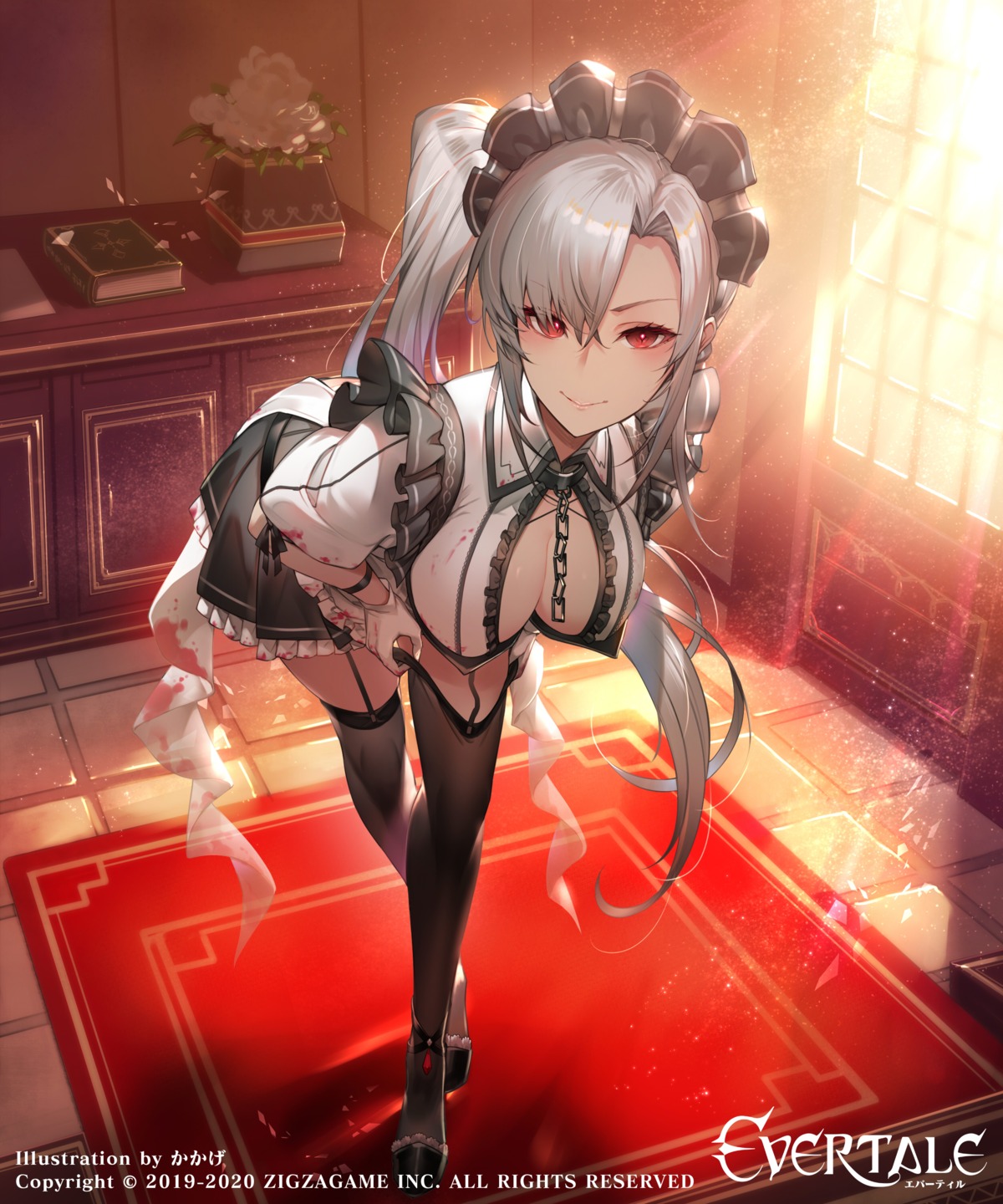 blood cleavage evertale heels kakage maid no_bra open_shirt stockings thighhighs undressing