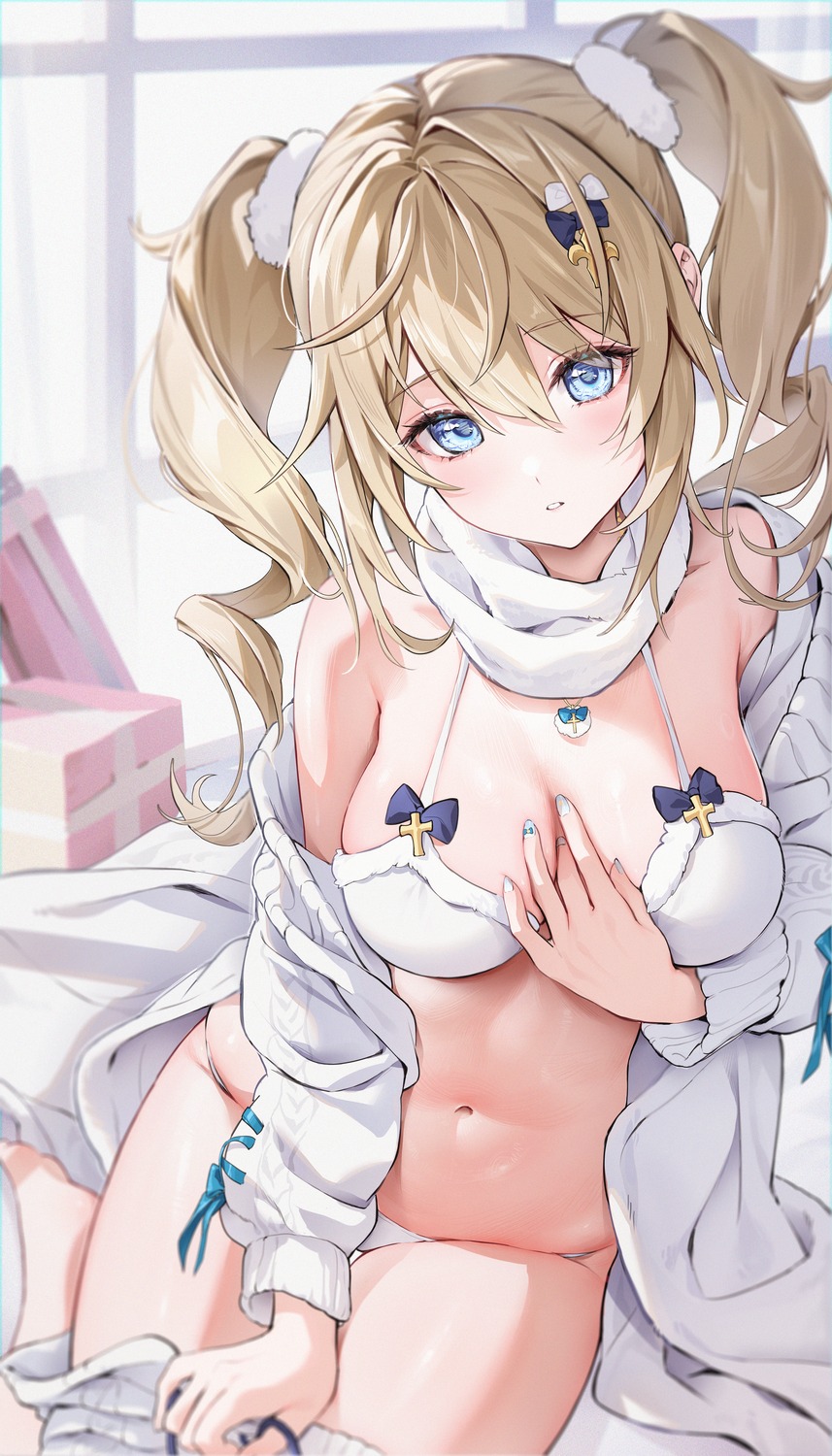 barbara_(genshin_impact) bra genshin_impact houkiboshi_(mmjw7432) open_shirt pantsu sweater