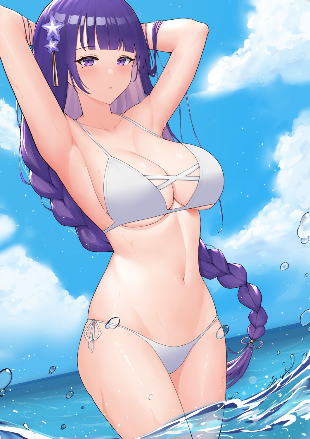 bikini genshin_impact raiden_shogun swimsuits uka_(315302627) wet