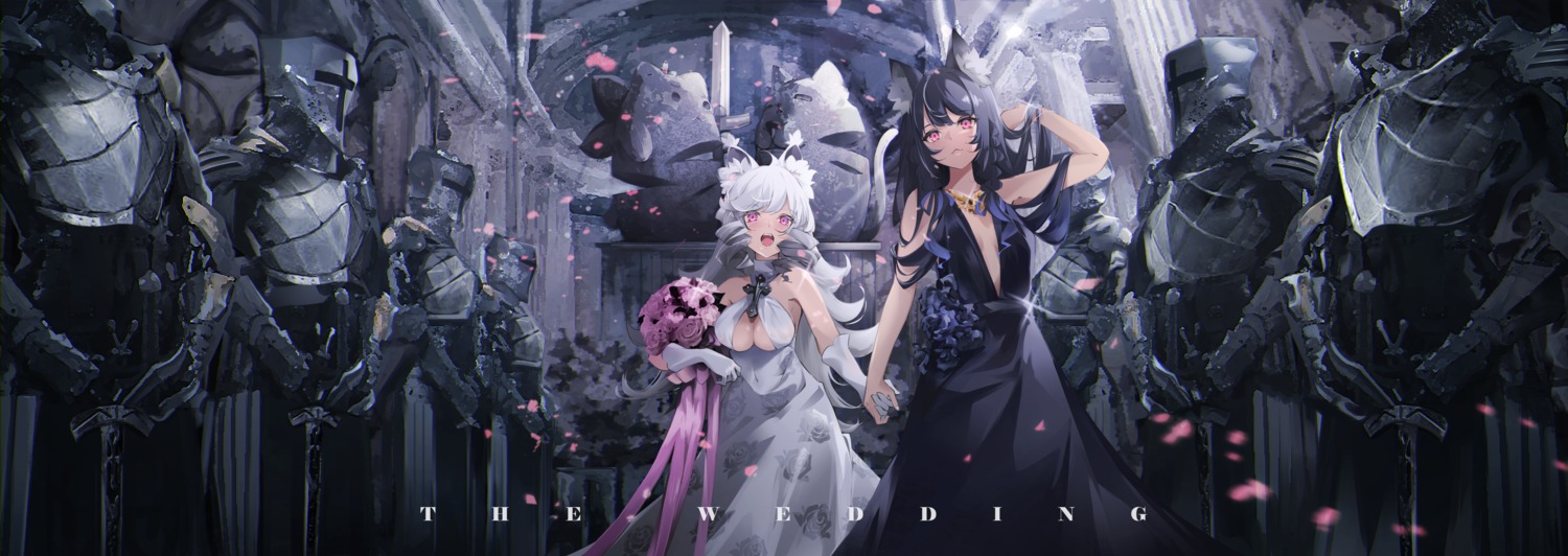 animal_ears armor dress no_bra sword wedding_dress yuri zelef