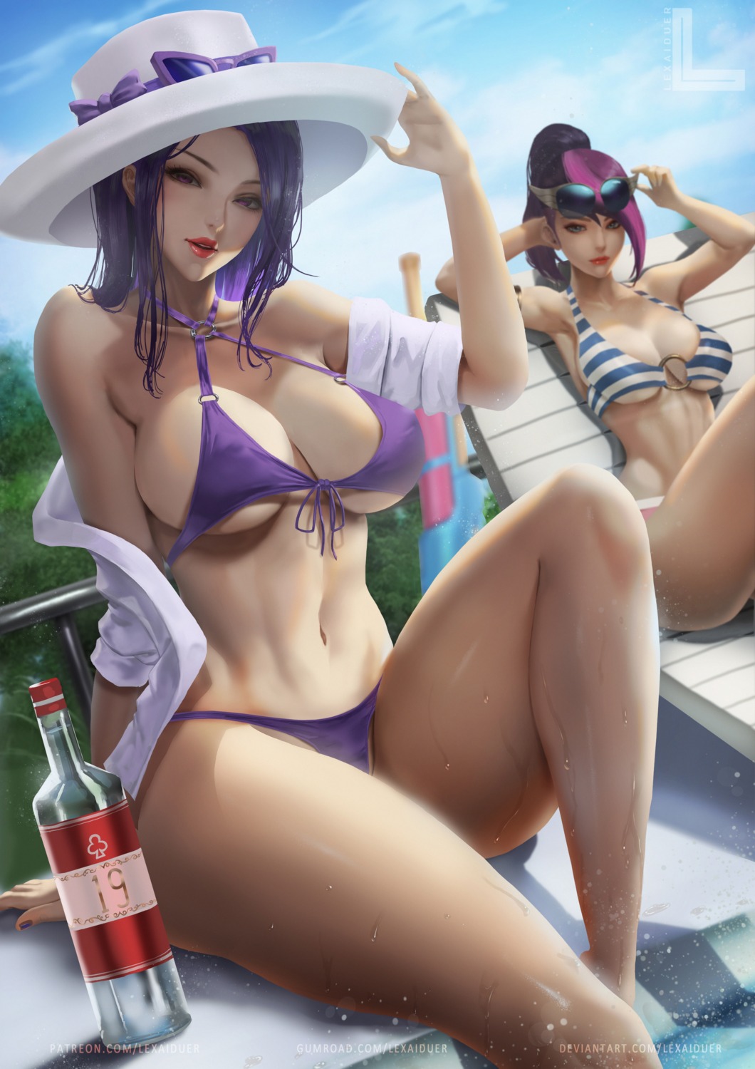 bikini caitlyn league_of_legends lexaiduer megane open_shirt swimsuits tan_lines wet