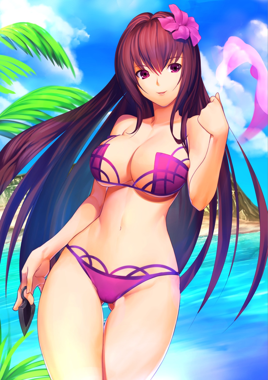 akisa_(12023648) bikini cleavage fate/grand_order scathach_(fate/grand_order) swimsuits underboob weapon