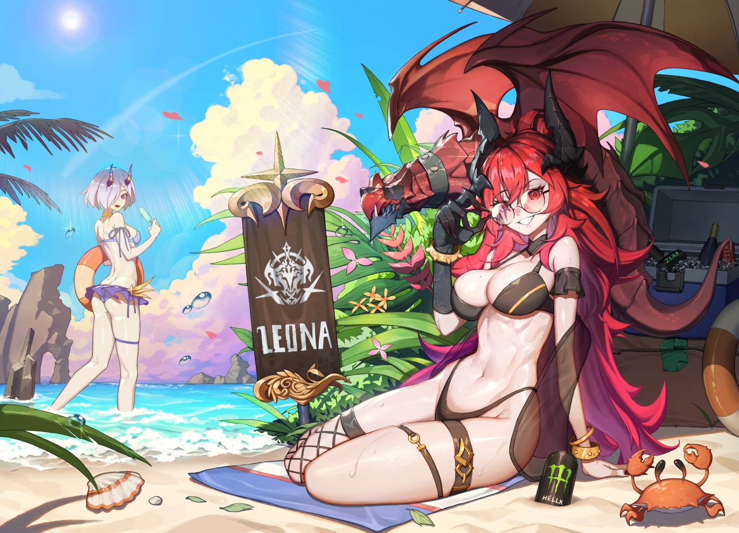 ass bikini fishnets garter hellk111 horns megane monster see_through swimsuits thighhighs thong