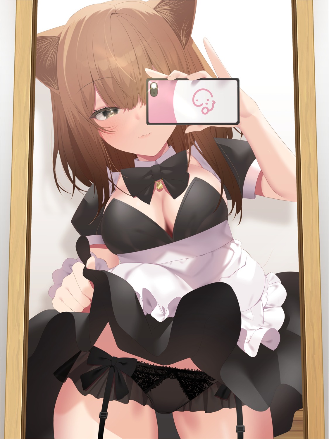 animal_ears haiba maid nekomimi nekosoma_rion no_bra pantsu see_through selfie skirt_lift