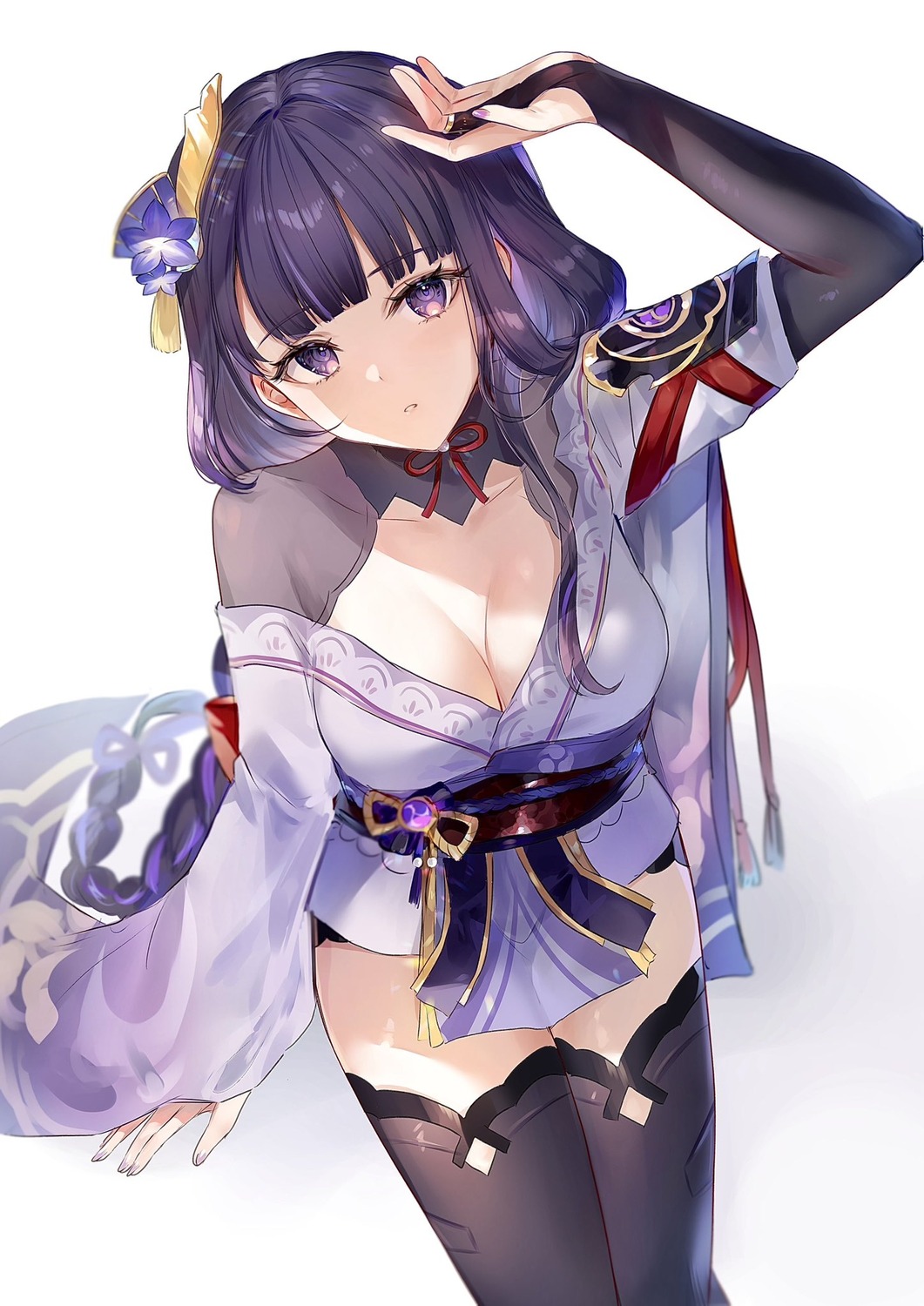 genshin_impact japanese_clothes no_bra open_shirt purin_cream! raiden_shogun thighhighs