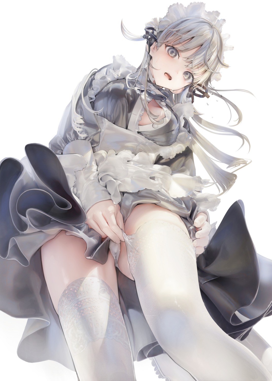 iijima_masashi maid open_shirt pantsu skirt_lift thighhighs