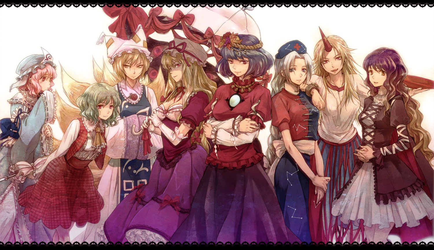 hijiri_byakuren hoshiguma_yuugi kazami_yuuka miyuki_ruria saigyouji_yuyuko touhou yagokoro_eirin yakumo_ran yakumo_yukari yasaka_kanako