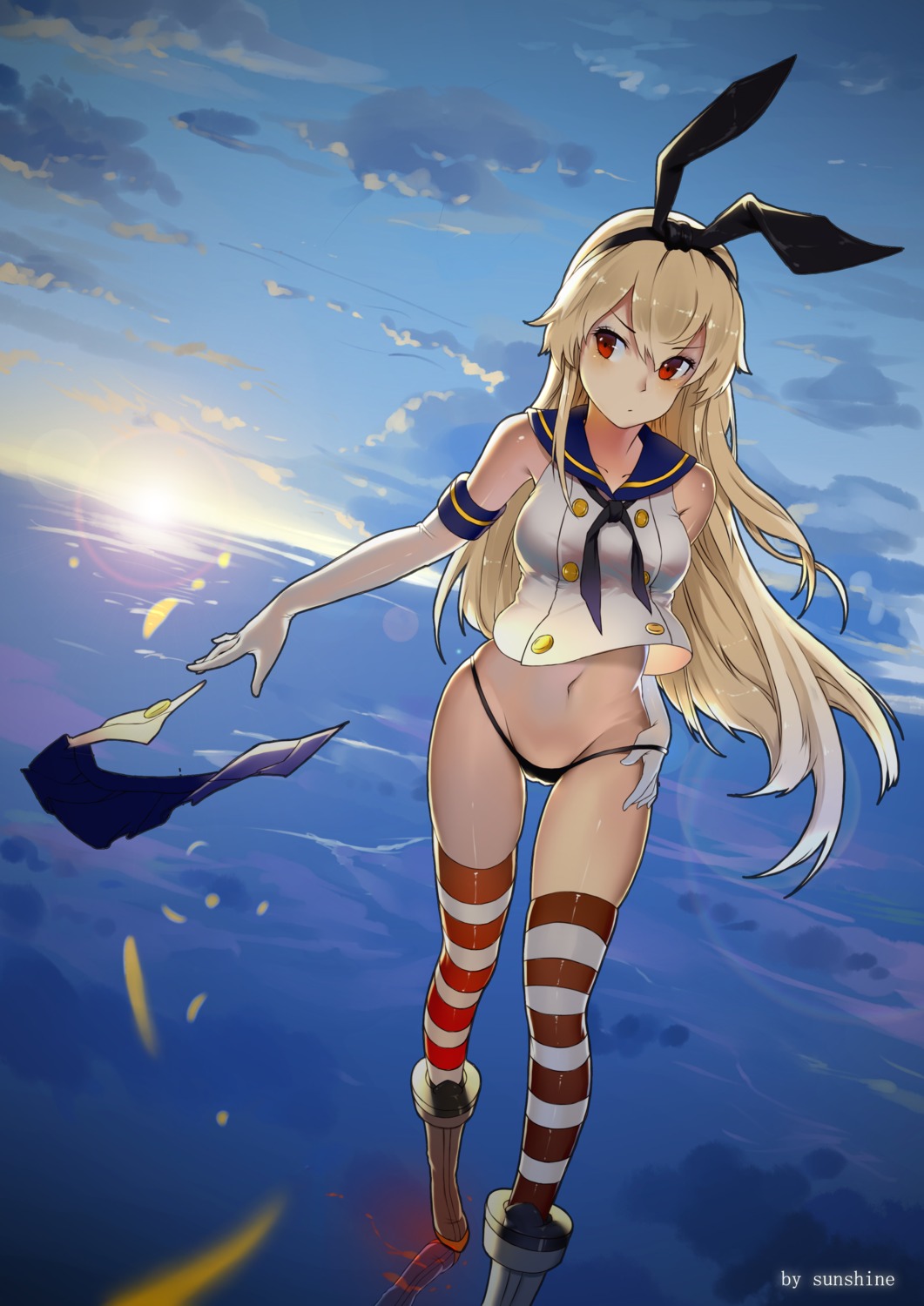 cameltoe kantai_collection official_watermark pantsu panty_pull shimakaze_(kancolle) sunshine thighhighs thong undressing