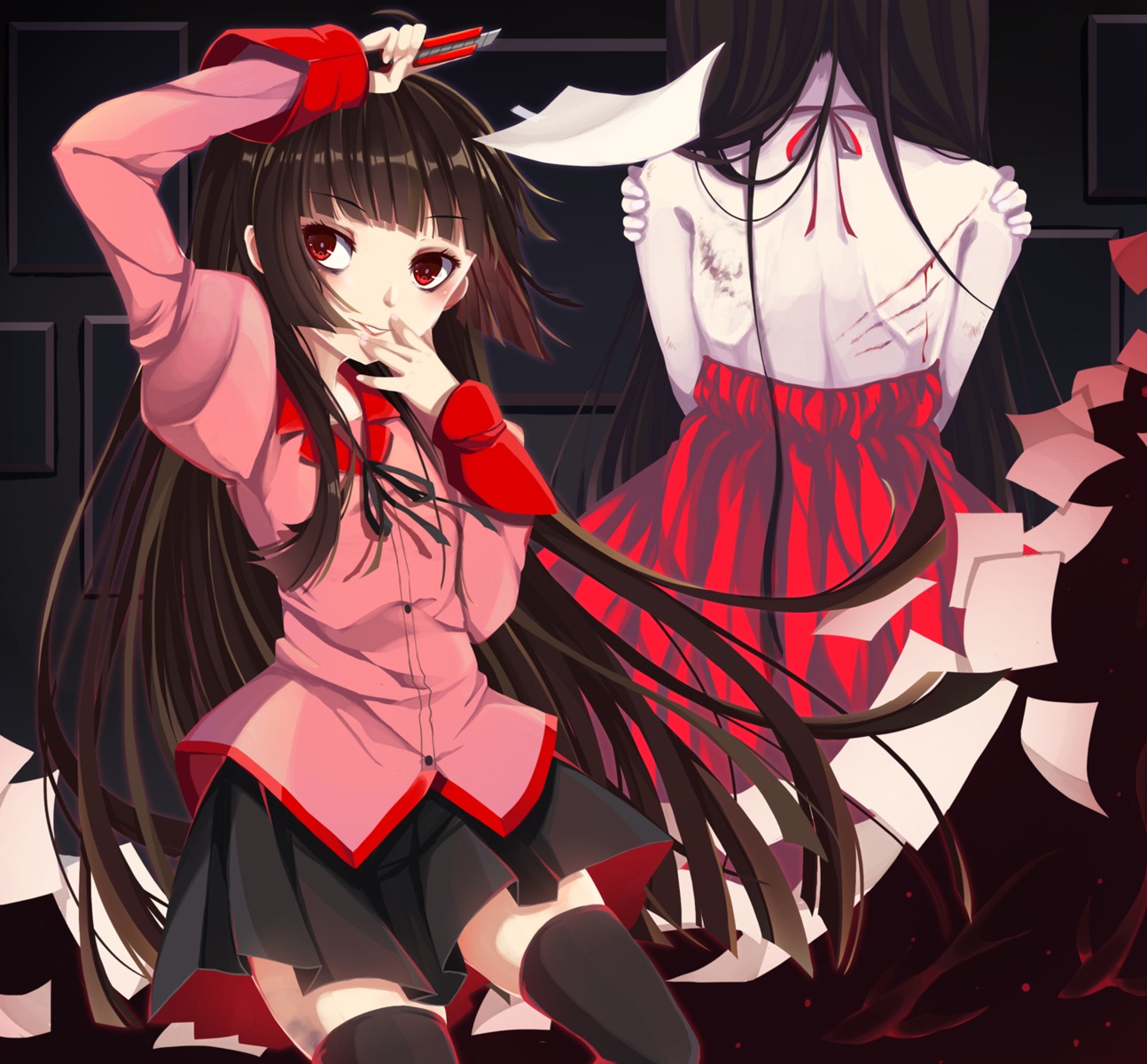 bakemonogatari blood dress monogatari_(series) no_bra seifuku senjougahara_hitagi shiroyurine thighhighs