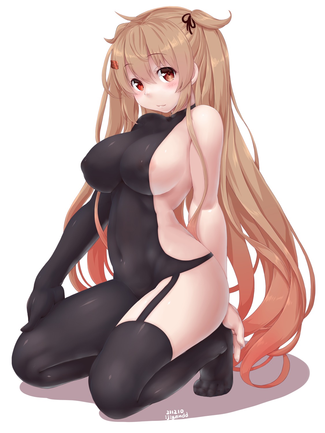 areola dd_(ijigendd) erect_nipples kantai_collection leotard murasame_(kancolle) no_bra see_through stockings thighhighs