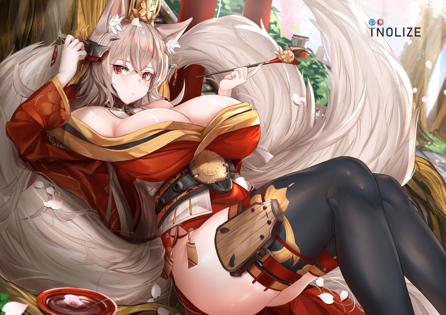 animal_ears azur_lane cleavage garter japanese_clothes kitsune no_bra open_shirt skirt_lift tail thighhighs tnolize