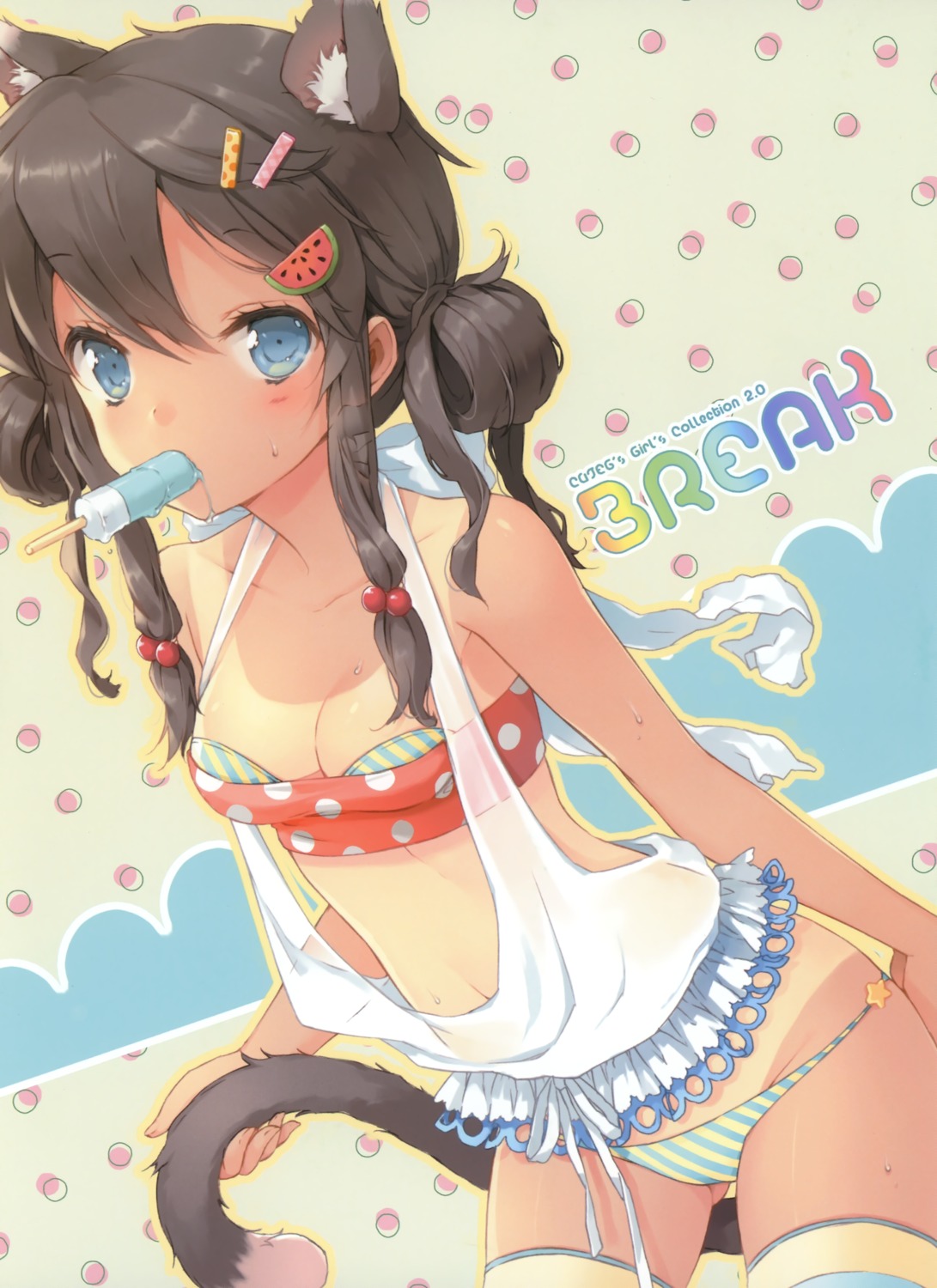 animal_ears bikini cleavage cuteg nekomimi strawberry_pink swimsuits tail tan_lines thighhighs