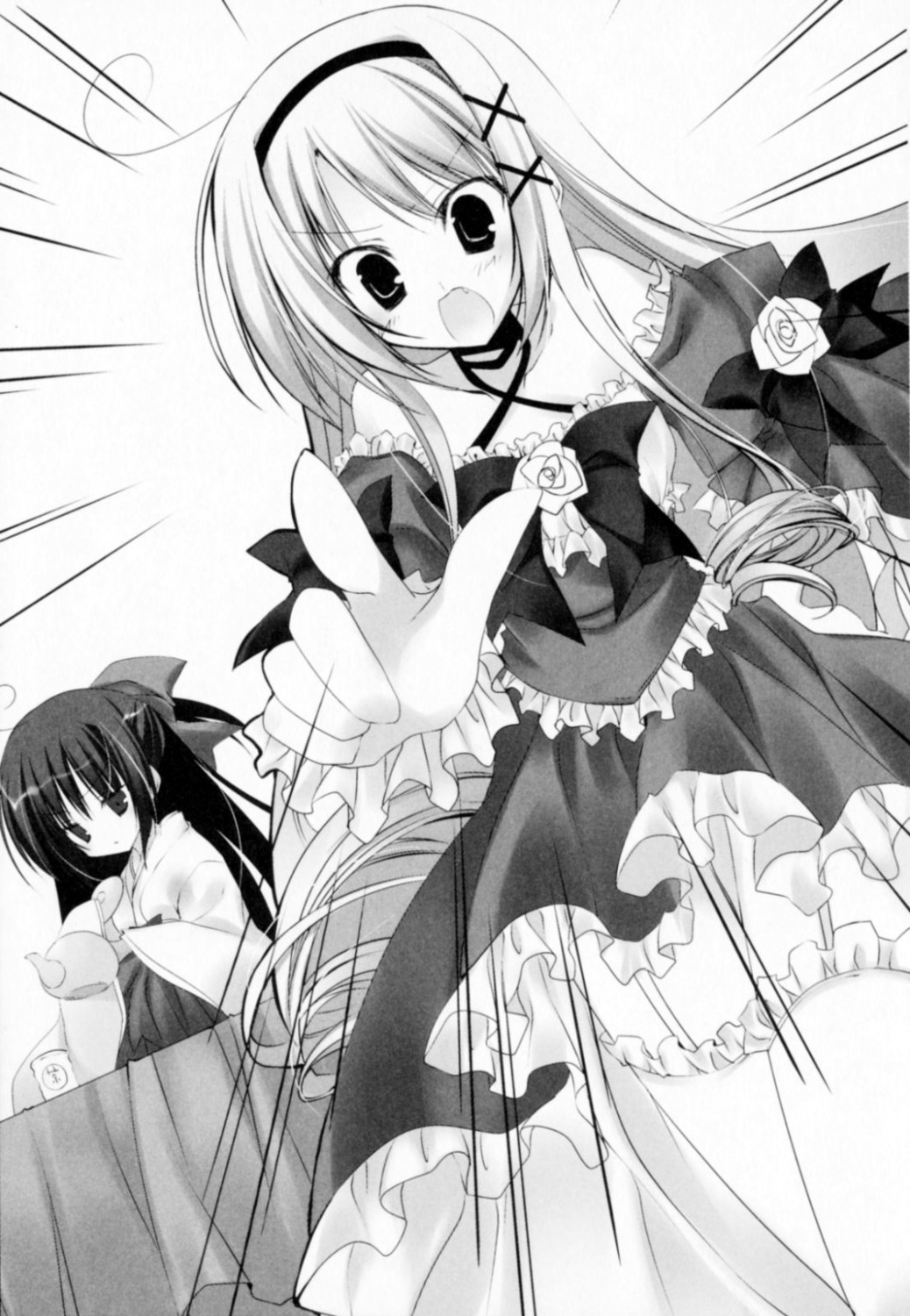 dress garter_belt inugami_kira jpeg_artifacts kimono lolita_fashion monochrome ojou-sama_shimai_no_meirei_desu stockings thighhighs