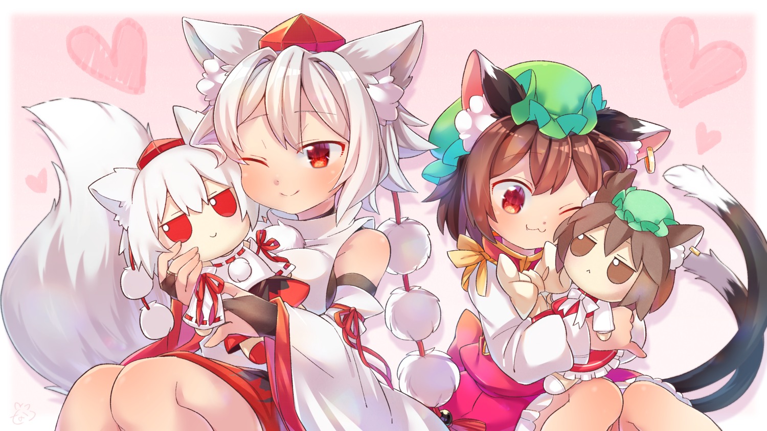 animal_ears chen chibi ibaraki_natou inubashiri_momiji japanese_clothes nekomimi tail touhou wallpaper