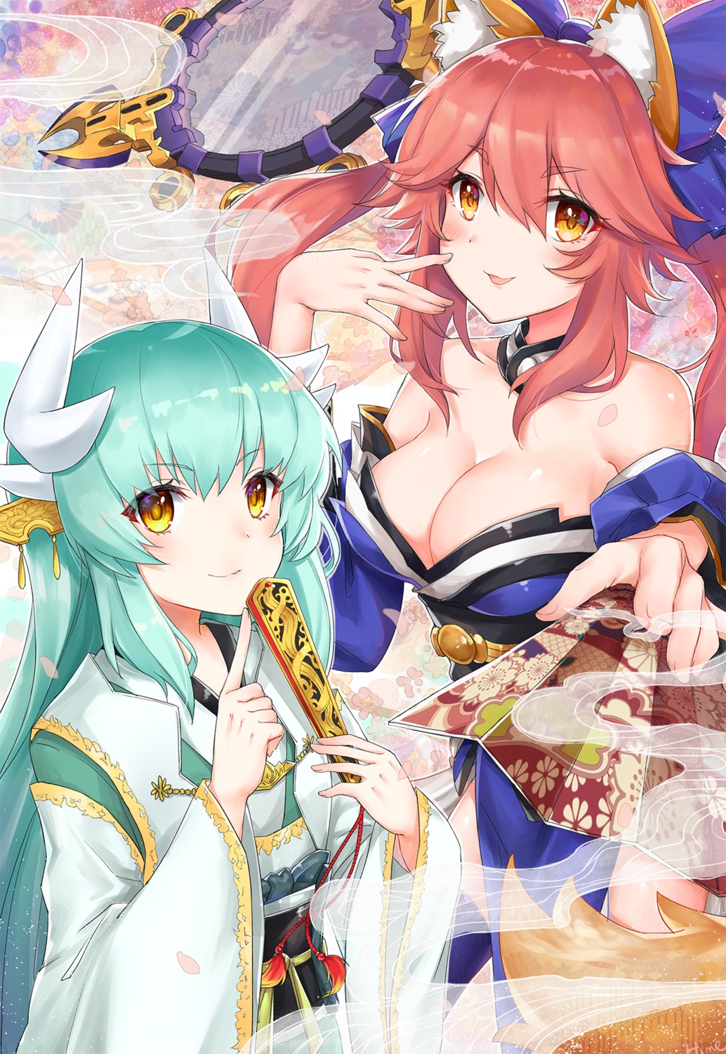 animal_ears cleavage fate/grand_order japanese_clothes kiyohime_(fate/grand_order) tail tamamo_no_mae tokikouhime