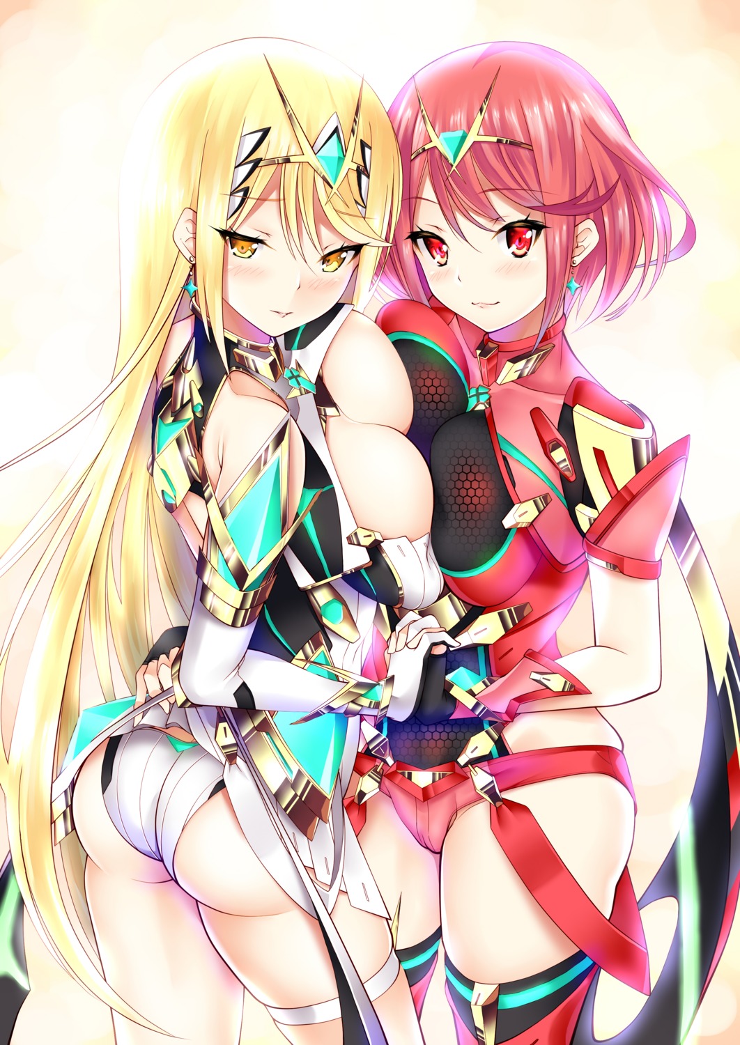 ass cleavage daive garter hikari_(xenoblade_2) homura_(xenoblade_2) leotard no_bra pantsu symmetrical_docking thighhighs xenoblade xenoblade_chronicles_2 yuri