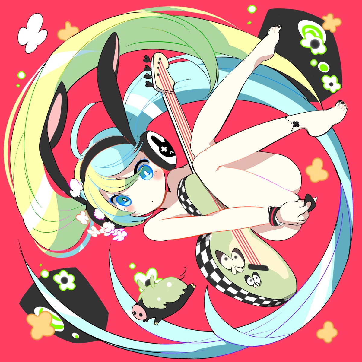 animal_ears bunny_ears gin_(oyoyo) guitar hatsune_miku headphones naked vocaloid