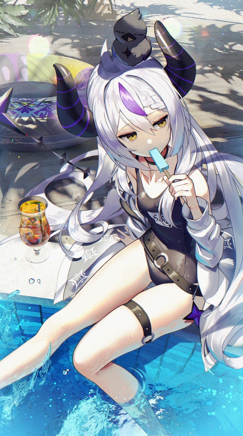 crow_(la+_darknesss) garter hololive horns la+_darknesss school_swimsuit scottie swimsuits tail wet