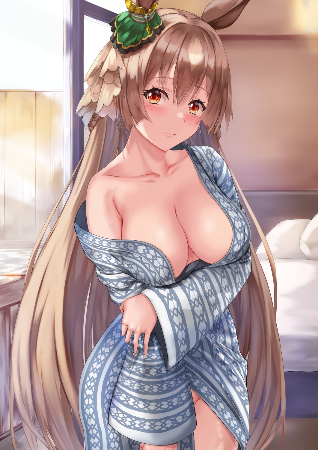 animal_ears no_bra nopan open_shirt satono_diamond_(umamusume) uchida_shou uma_musume_pretty_derby yukata