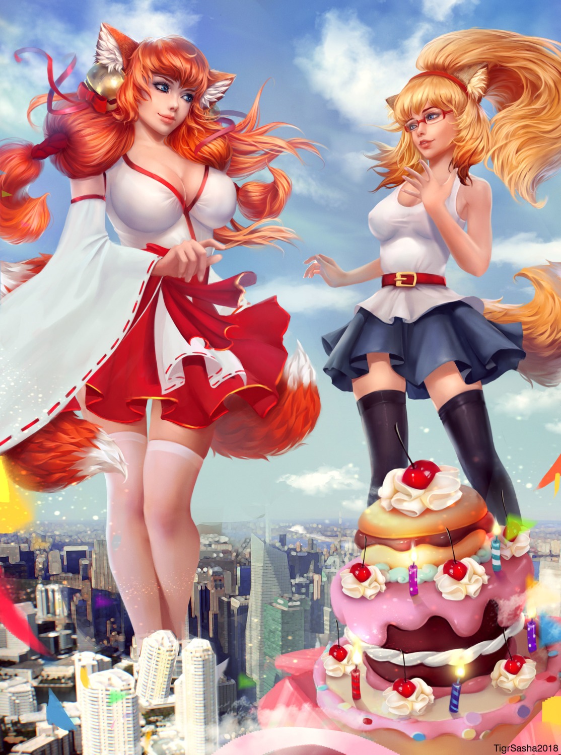 animal_ears cleavage cysh kitsune megane miko no_bra skirt_lift tail thighhighs tigrsasha