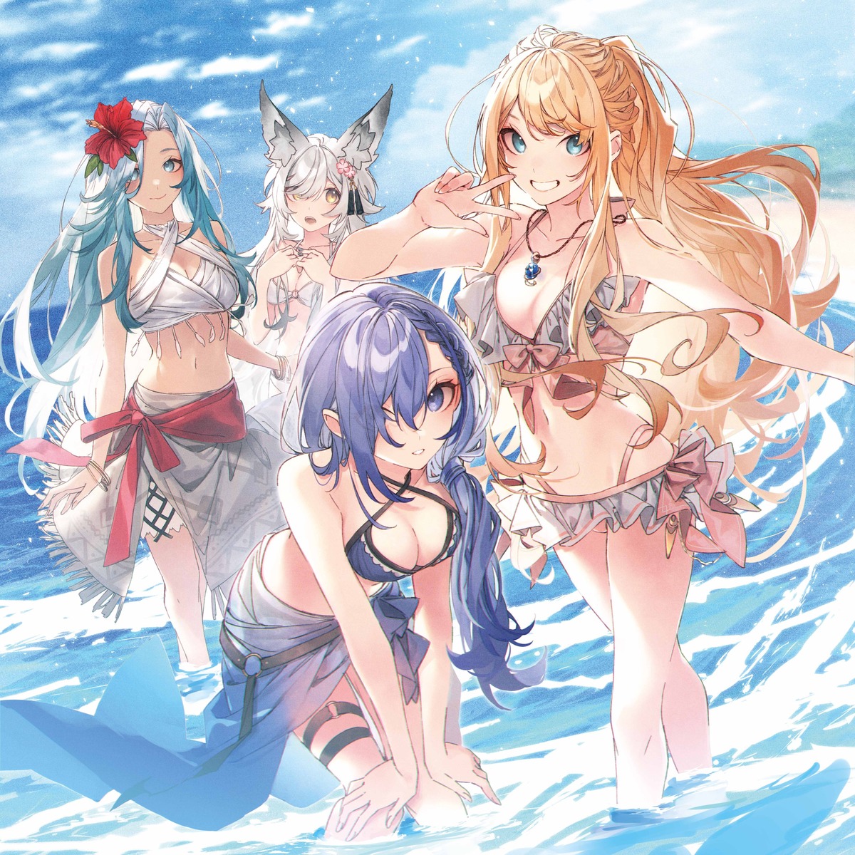 animal_ears bikini garter isekai_de_cheat_skill_wo_te_ni_shita_ore_wa_genjitsu_sekai_wo_mo_musou_suru:_level_up_wa_jinsei_wo_kaeta kuwashima_rein lexia_von_alceria luna_(iseleve) see_through swimsuits tail tito_(iseleve) wet