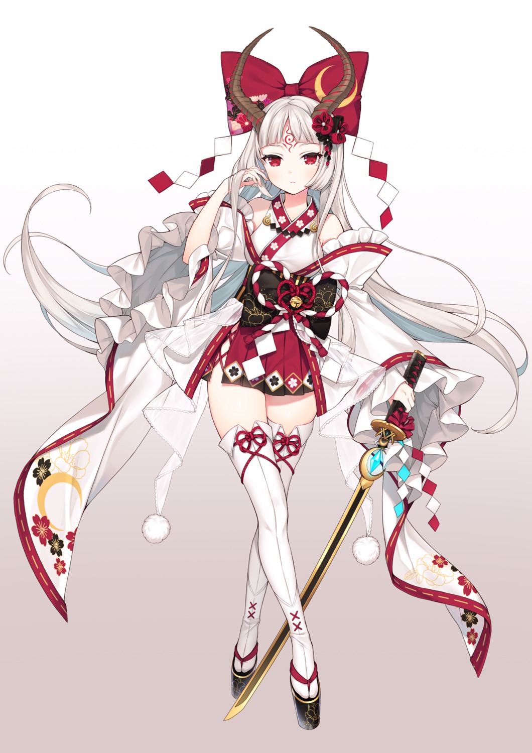 byulzzi fantasy_project horns japanese_clothes sword tattoo thighhighs