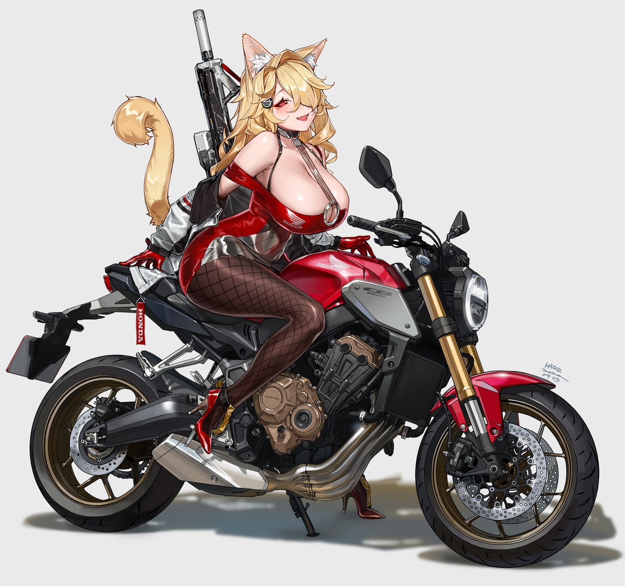 animal_ears dress fishnets gun heels kare_huang nekomimi no_bra pantyhose tail