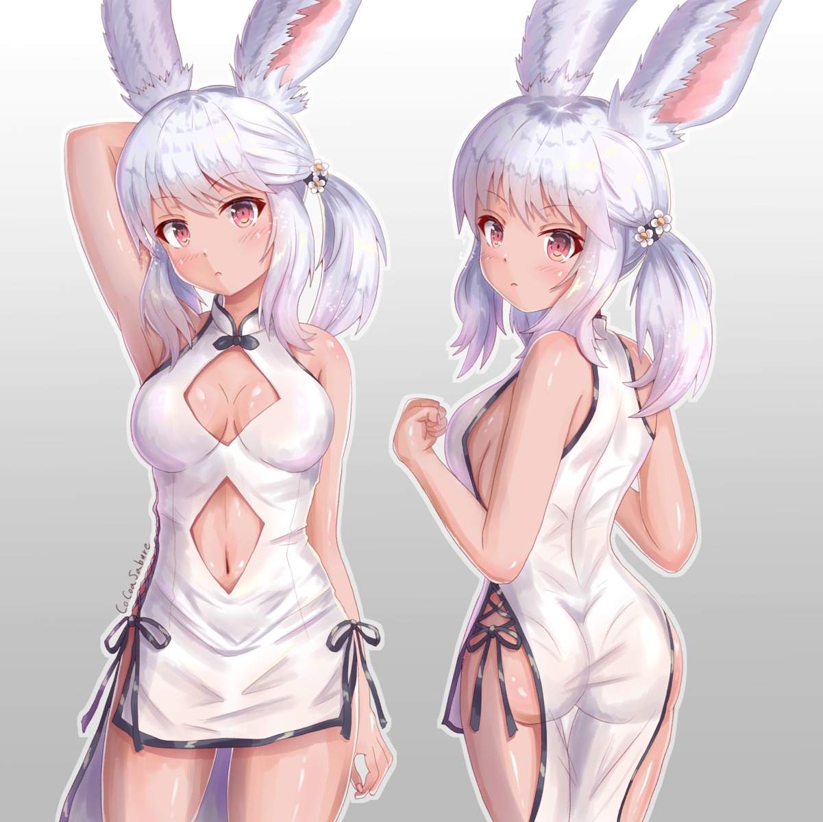 animal_ears ass bunny_ears chinadress cleavage cocoasabure final_fantasy final_fantasy_xiv no_bra nopan see_through viera