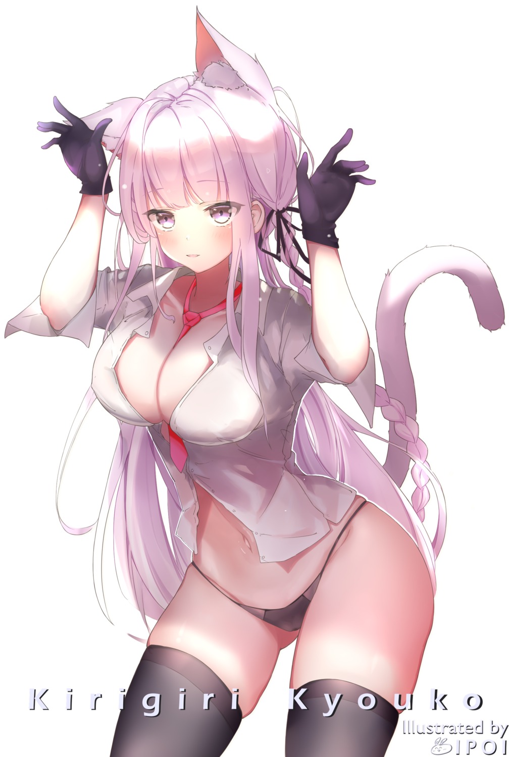 animal_ears dangan-ronpa kirigiri_kyouko nekomimi no_bra open_shirt pantsu tail thighhighs usagi_poi