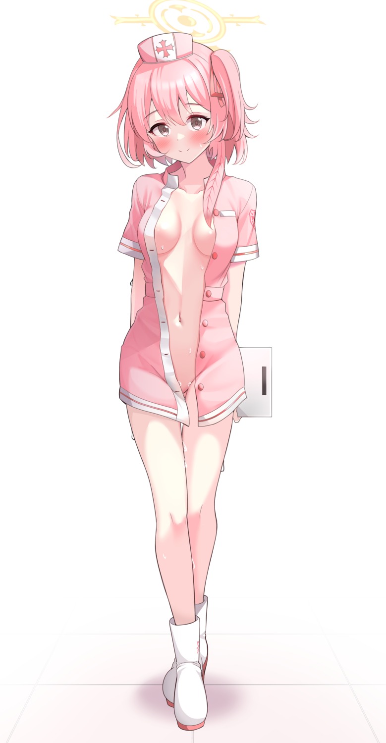 blue_archive halo karikura_(atatata71) no_bra nopan nurse open_shirt sumi_serina