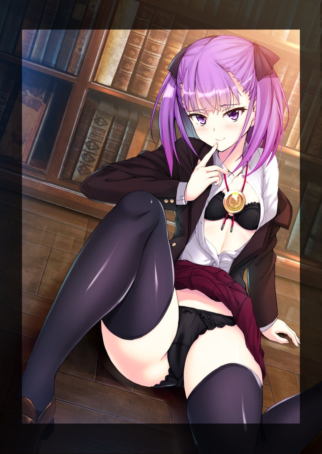 bra cameltoe fate/grand_order helena_blavatsky_(fate/grand_order) open_shirt pantsu saiki_rider seifuku skirt_lift thighhighs